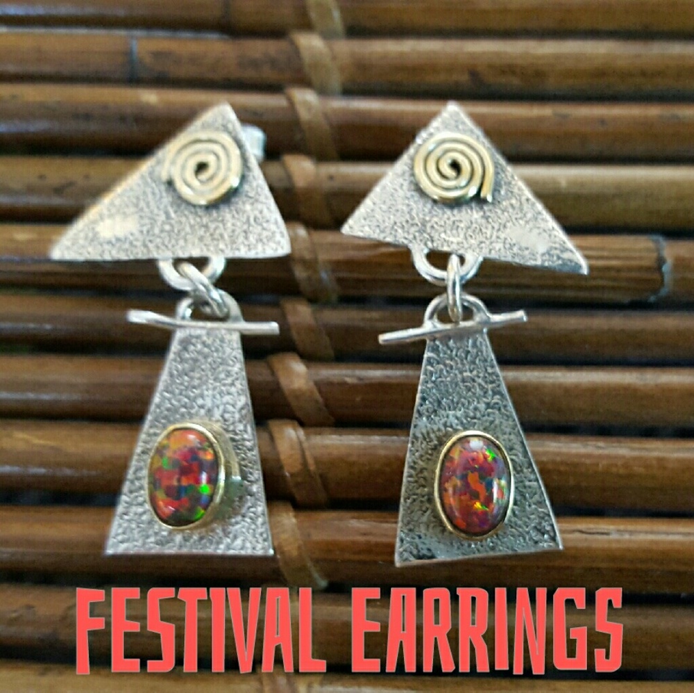 Boho Gypsy Festival Earrings Opal Sterling